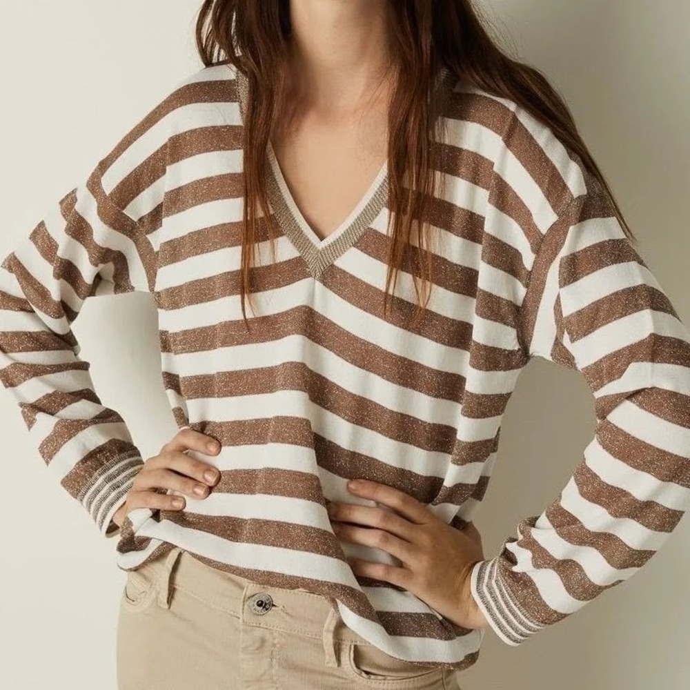 Marella Womens Daniela  Sheer Metallic Designer Lightweight Sweater Small Preppy